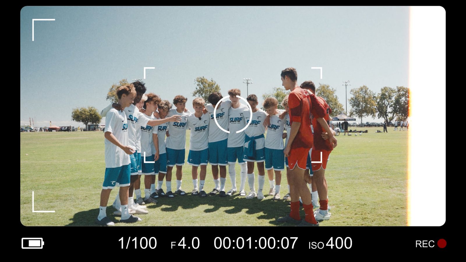 The Folsom Lake Surf 2011 Boys in a huddle, seen through a camera viewfinder.
